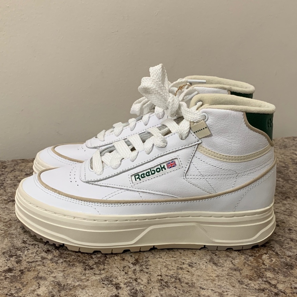 Reebok White and Green Leather High-Top Sneakers
